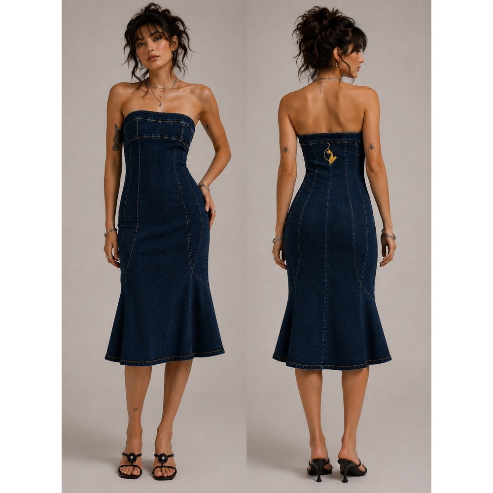 VTG Y2K Baby Phat Denim Strapless Dress 7 Dark Blue Mermaid Logoโ Indie Hip Hop